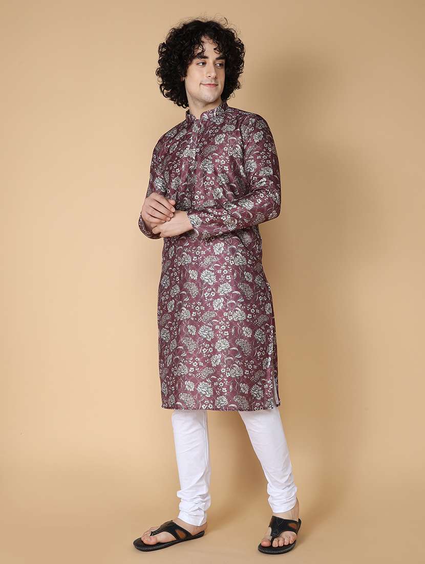 namaskar silk full sleeve chikankari printed knee length coffee kurta for men - 20011616 -  Standard Image - 1