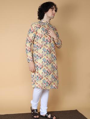 namaskar cotton full sleeve chikankari embroidery knee length yellow kurta for men - 20011625 - Standard Image - 3