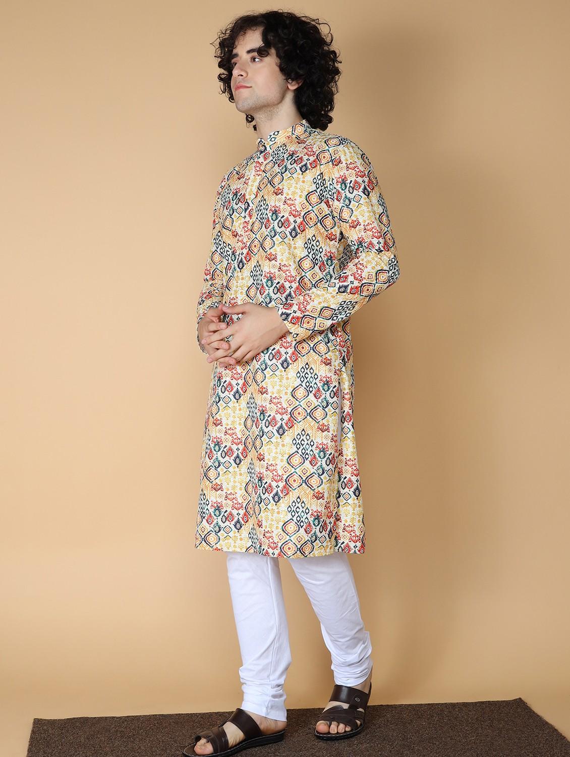 men printed mandarin neck long kurta - 20011625 - Standard Image - 1