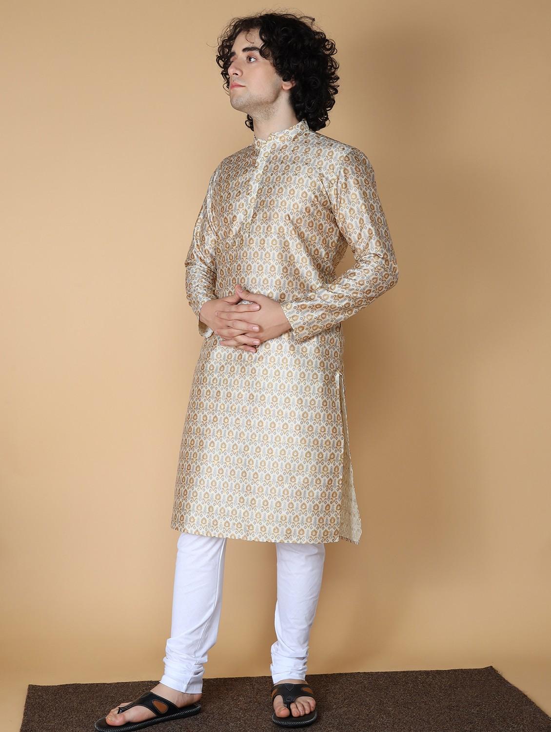 beige mandarin neck printed long kurta - 20011649 - Standard Image - 1