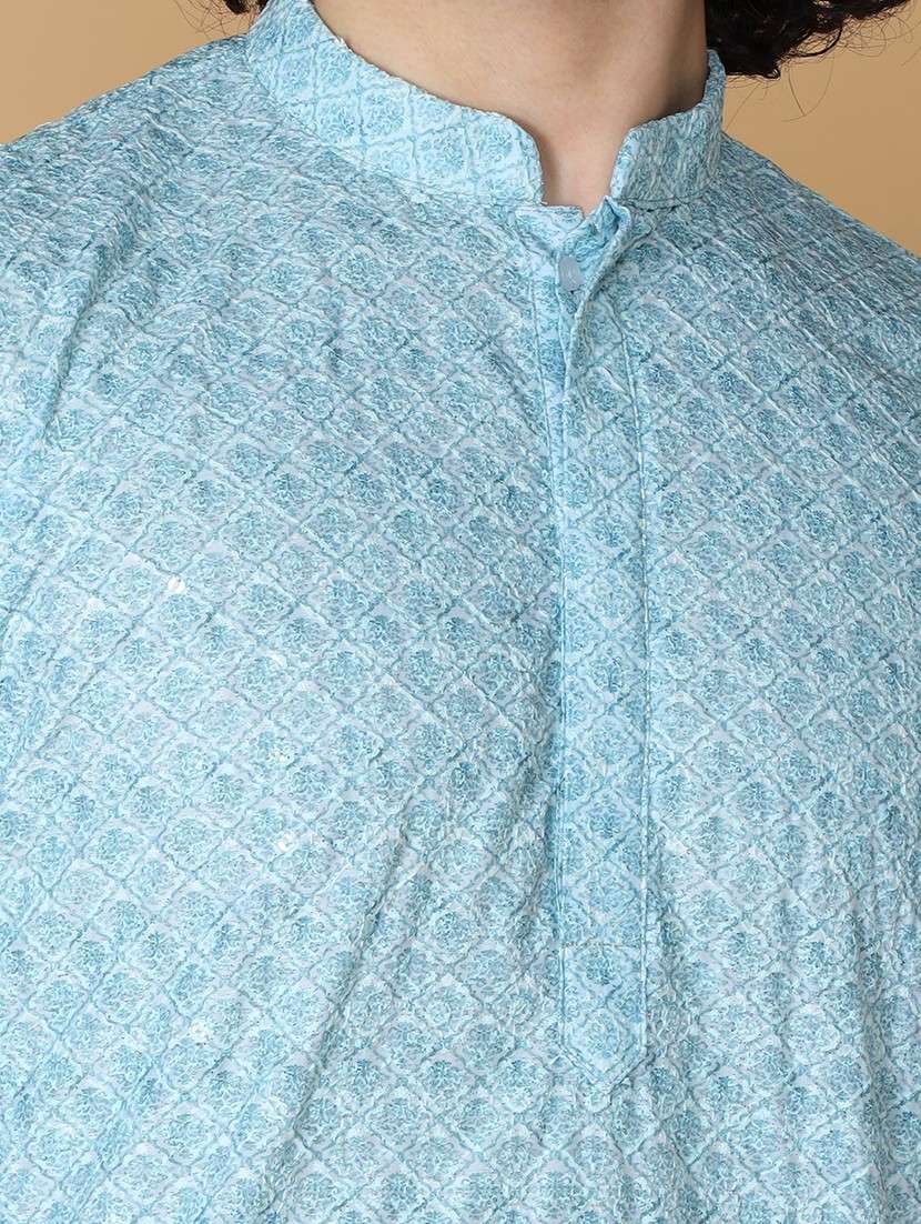 namaskar cotton full sleeve chikankari embroidery knee length sea green kurta for men - 20011651 - Standard Image - 4