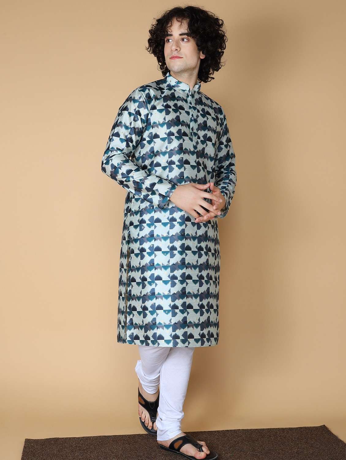 mandarin neck printed long kurta - 20011662 - Standard Image - 1