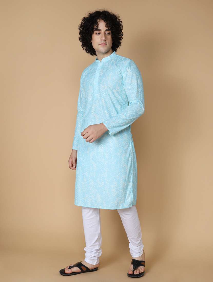 namaskar rayon cotton full sleeve chikankari embroidery knee length sky kurta for men - 20011670 - Standard Image - 1