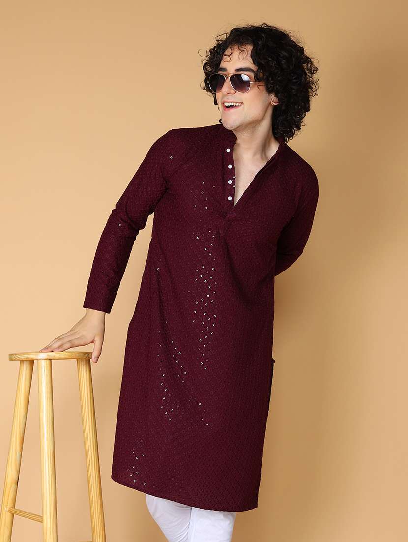 Namaskar Rayon Cotton Full Sleeve Chikankari Self Design Knee Length Coffee Kurta For Men