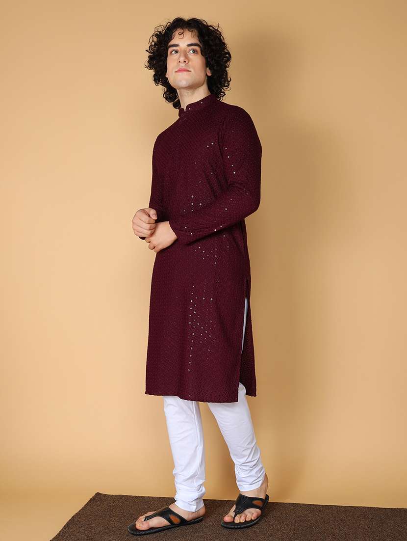 namaskar rayon cotton full sleeve chikankari self design knee length coffee kurta for men - 20011672 -  Standard Image - 1