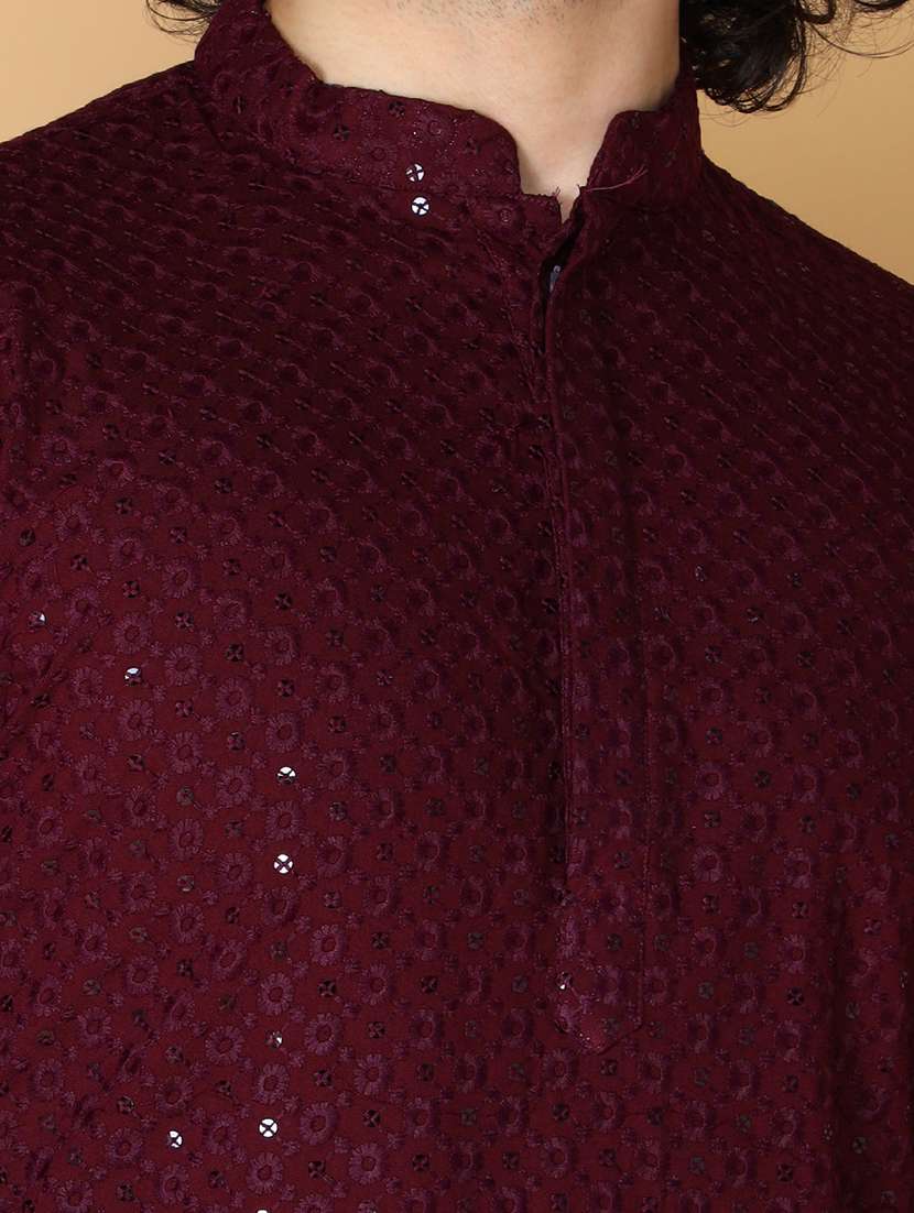 namaskar rayon cotton full sleeve chikankari self design knee length coffee kurta for men - 20011672 - Standard Image - 4
