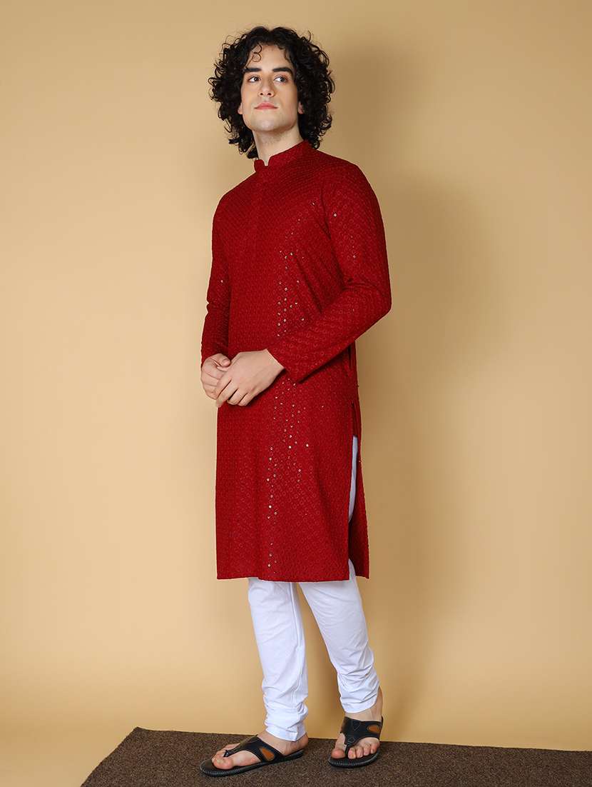 namaskar rayon cotton full sleeve chikankari self design knee length maroon kurta for men - 20011676 -  Standard Image - 1
