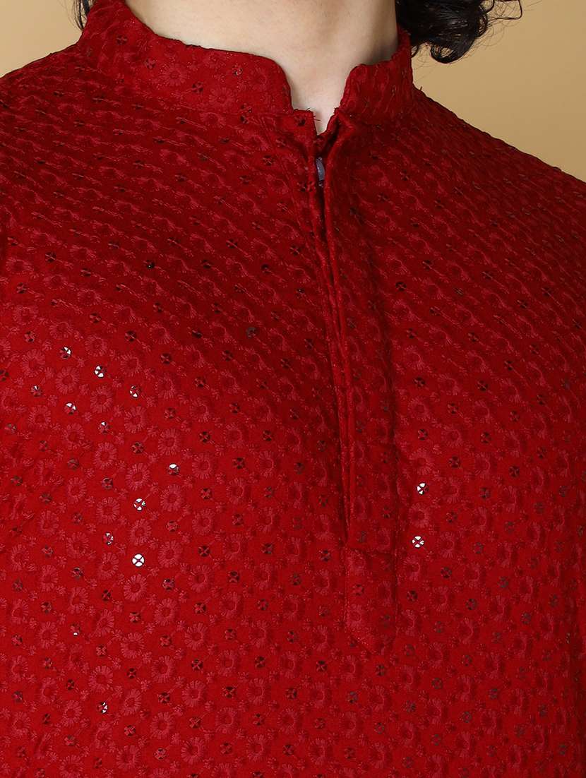 namaskar rayon cotton full sleeve chikankari self design knee length maroon kurta for men - 20011676 -  Standard Image - 4
