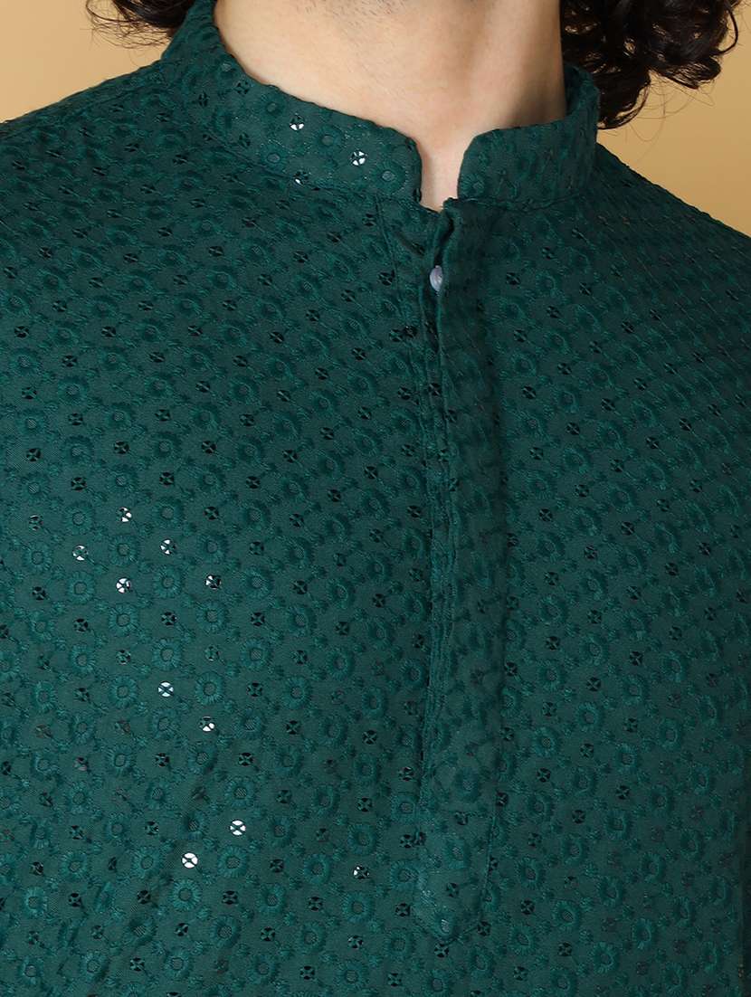 namaskar rayon cotton full sleeve chikankari self design knee length green kurta for men - 20011680 - Standard Image - 4