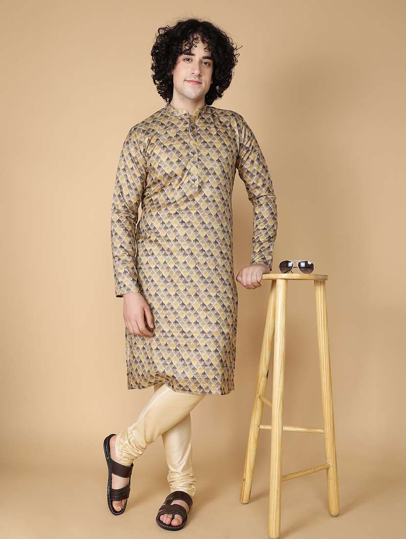 men printed kurta churidar ethnic wear set