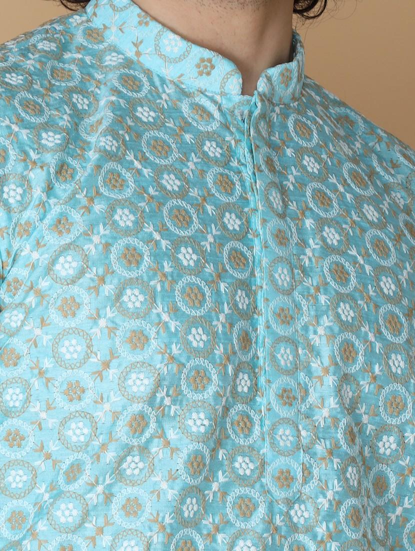 blue pure silk kurta pyjama ethnic wear set - 20011759 - Standard Image - 4