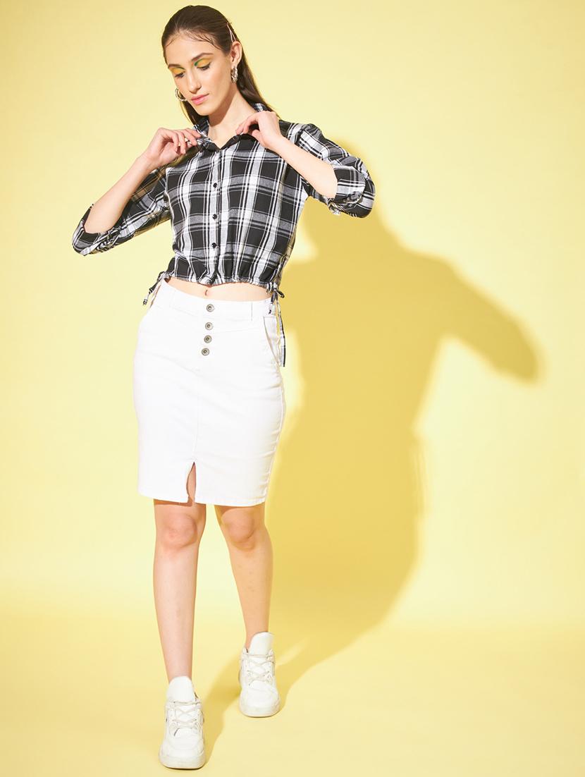black long sleeves check print crop shirt - 20011837 - Standard Image - 4