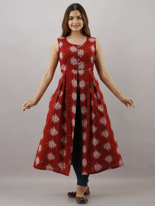 maroon rayon front slit kurta - 20011857 - Standard Image - 0