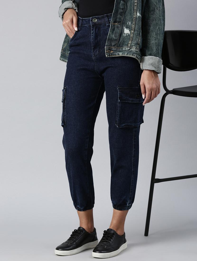 women plain blue cargos - 20011890 - Standard Image - 1