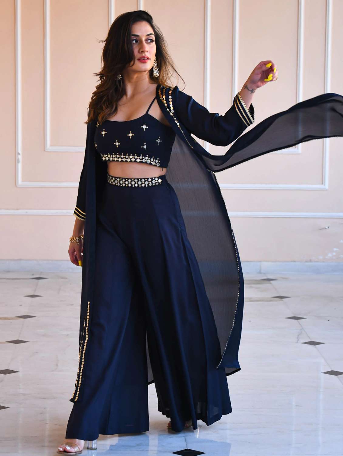 women navy blue embroidered fusion set - 20012508 - Standard Image - 1