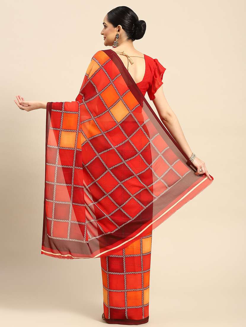 women's checks red colored saree with blouse - 20012584 - Standard Image - 1