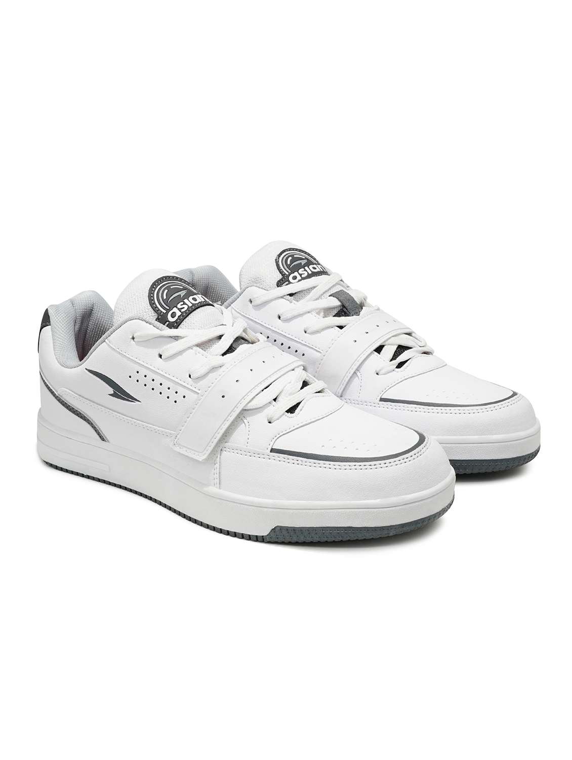 white synthetic lace up sneakers