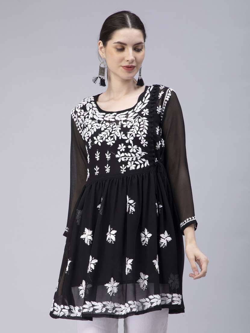 black round neck chikankari georgette short kurti