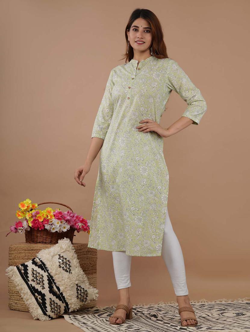 green cotton straight kurta - 20014401 -  Standard Image - 1