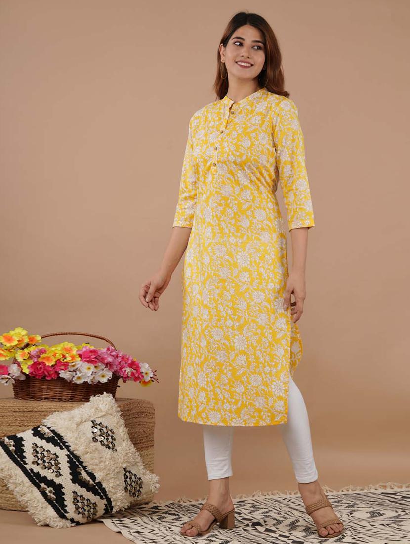 yellow cotton straight kurta - 20014402 - Standard Image - 1