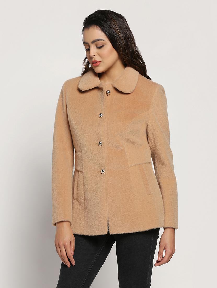 solid beige peter pan collar coat - 20017572 - Standard Image - 1