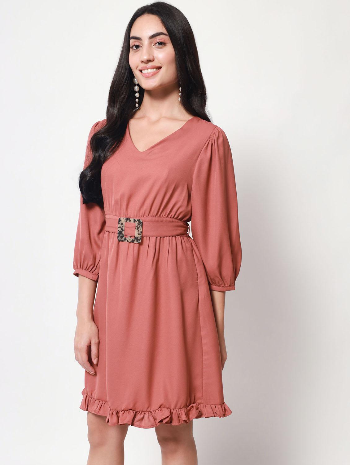 v-neck solid fit & flared mini dress - 20017607 -  Standard Image - 1