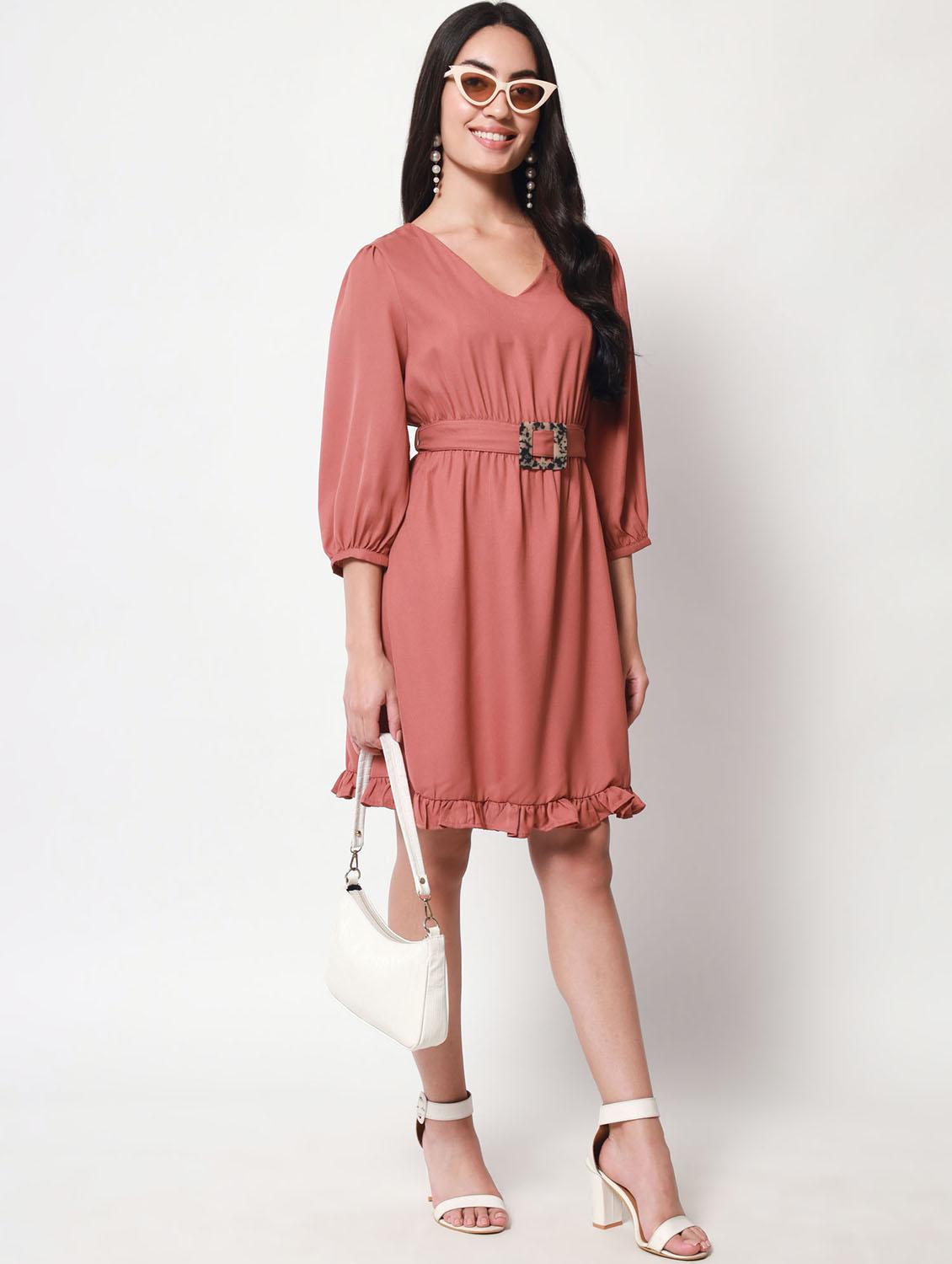 v-neck solid fit & flared mini dress - 20017607 - Standard Image - 4