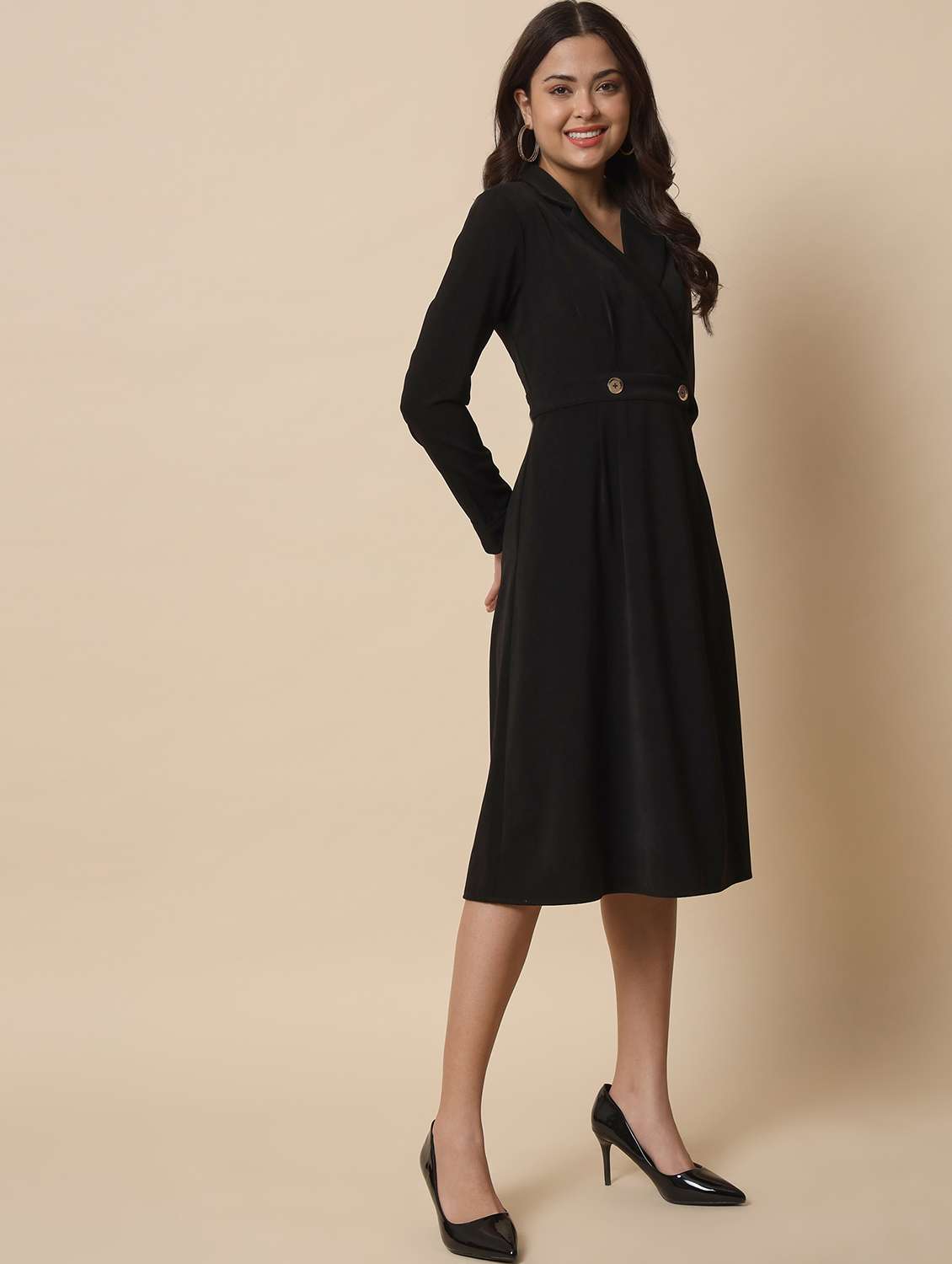 lapel neck solid fit & flare midi dress - 20017618 -  Standard Image - 1