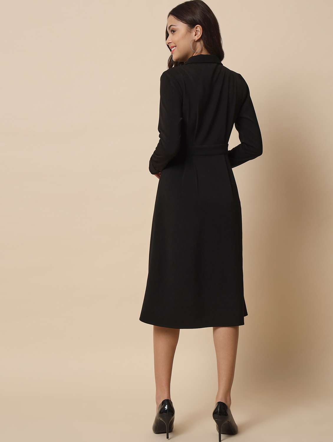 lapel neck solid fit & flare midi dress - 20017618 -  Standard Image - 4