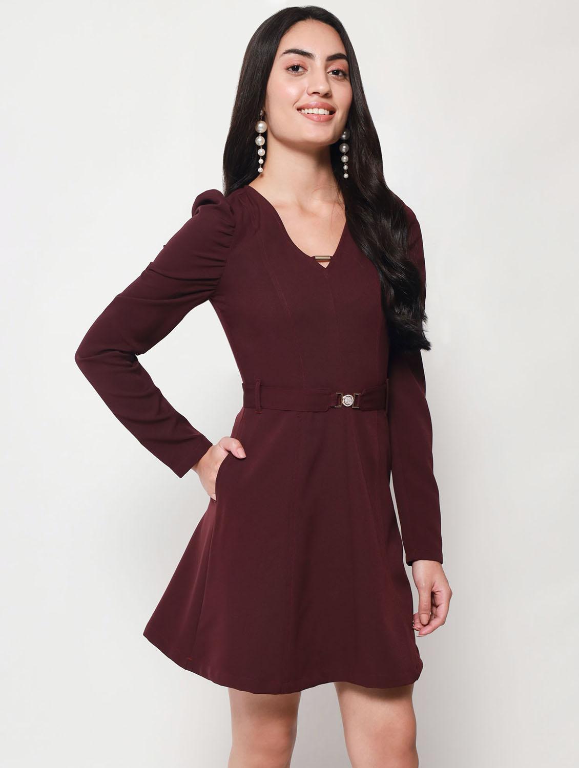 solid fit & flared mini dress with waist belt - 20017621 - Standard Image - 1