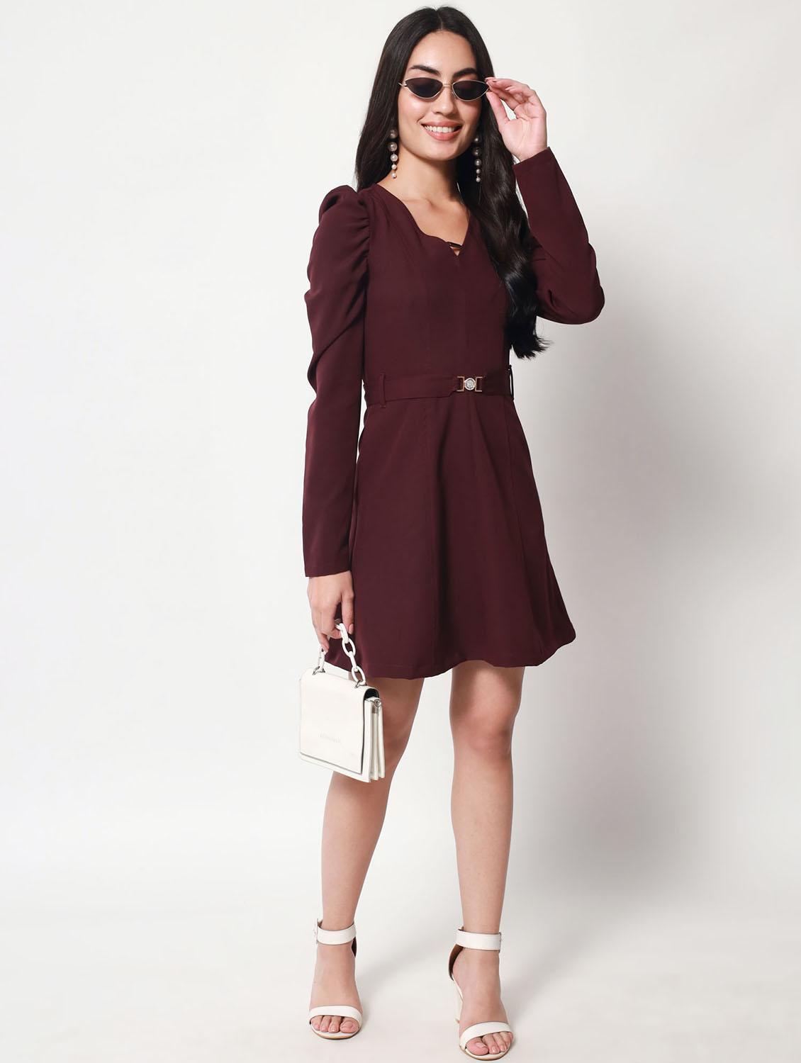 solid fit & flared mini dress with waist belt - 20017621 - Standard Image - 4