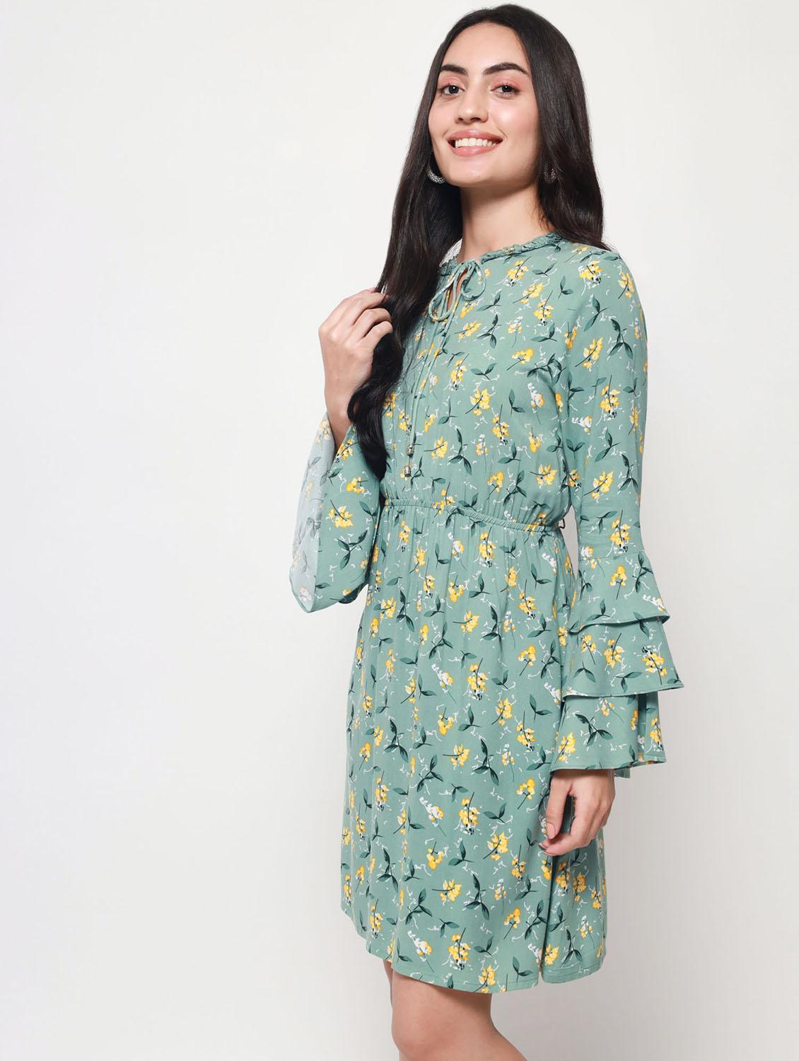 tie-up neck printed fit & flared mini dress - 20017623 -  Standard Image - 1