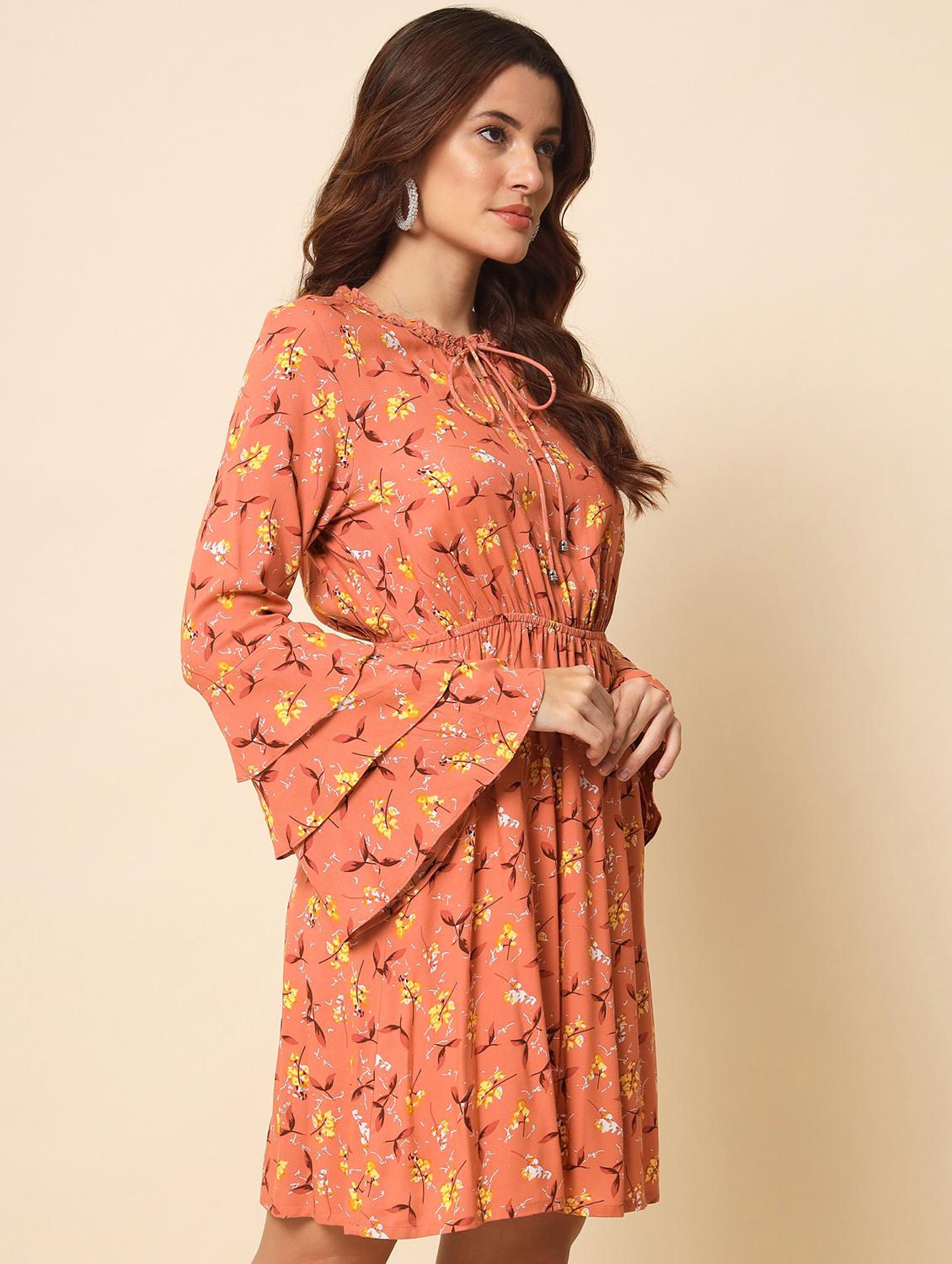 tie-up neck printed fit & flared mini dress - 20017624 -  Standard Image - 1