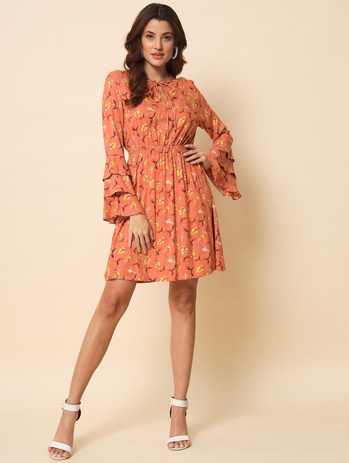 tie-up neck printed fit & flared mini dress - 20017624 - Standard Image - 4