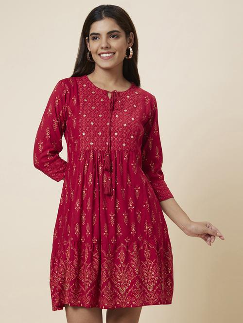 globus women red sequinned yoke allover printed tie-up neck a-line dress with flared hem - 20017933 -  Standard Image - 0