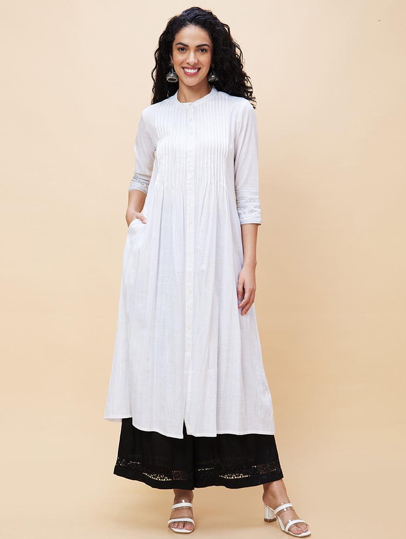 globus women white & silver-toned band collar striped thread work pleated a-line kurta - 20017940 -  Zoom Image - 0
