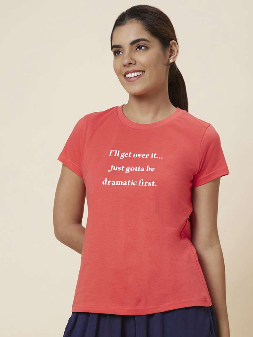 women's chest print round neck t-shirt - 20018019 -  Standard Image - 1