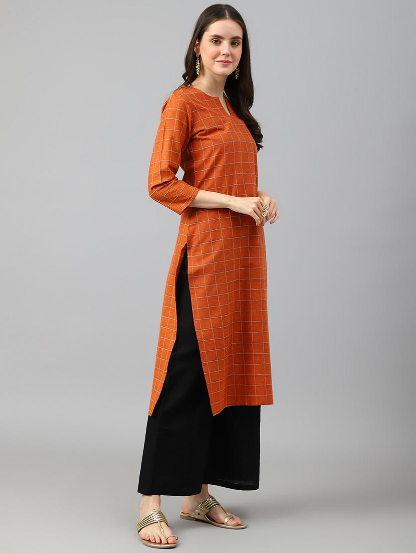 orange cotton blend straight kurta - 20018266 - Standard Image - 1