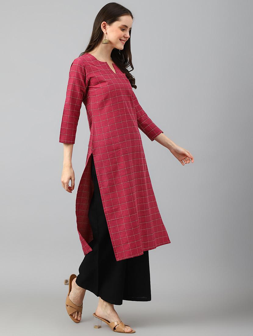cbeckered cotton blend straight kurta - 20018267 - Standard Image - 1