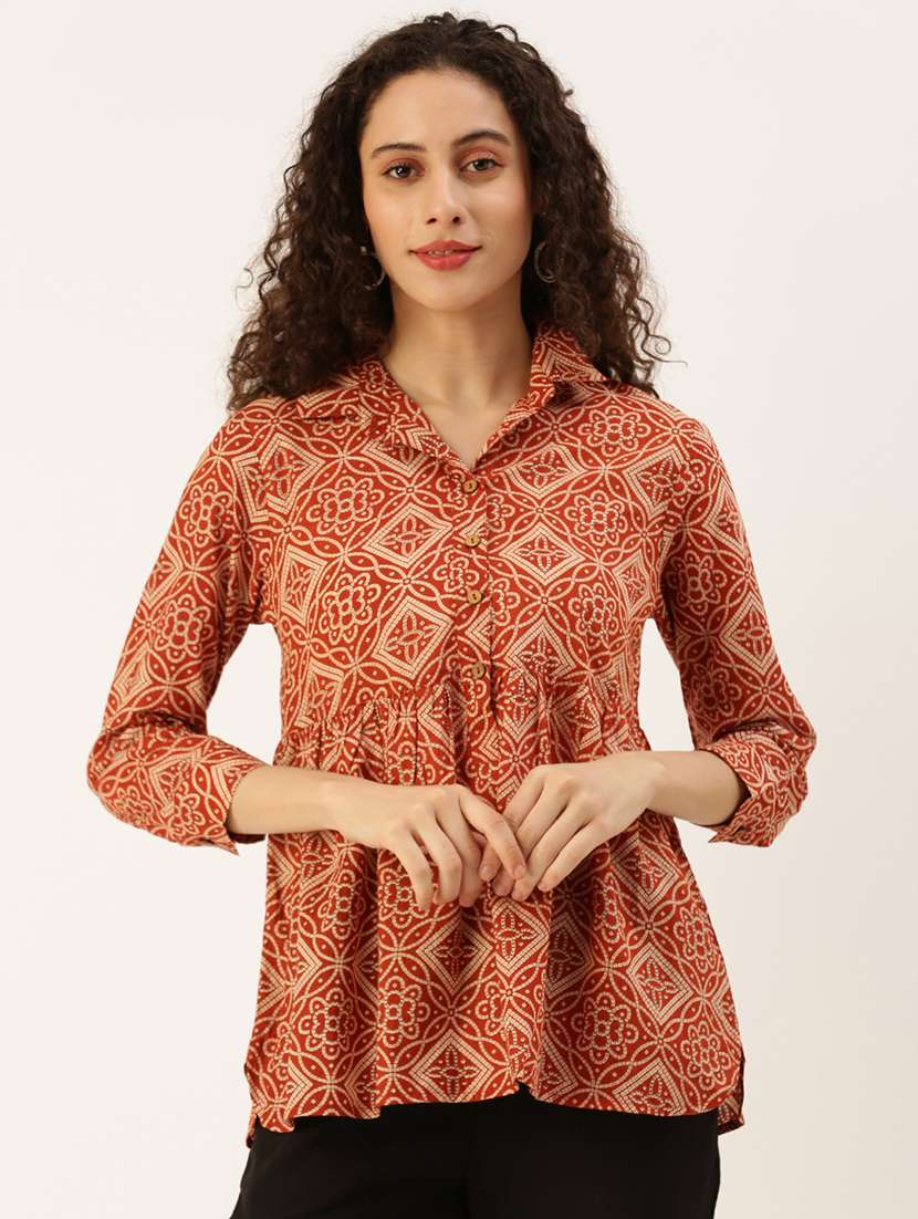 bandhani printed orange cotton peplum top