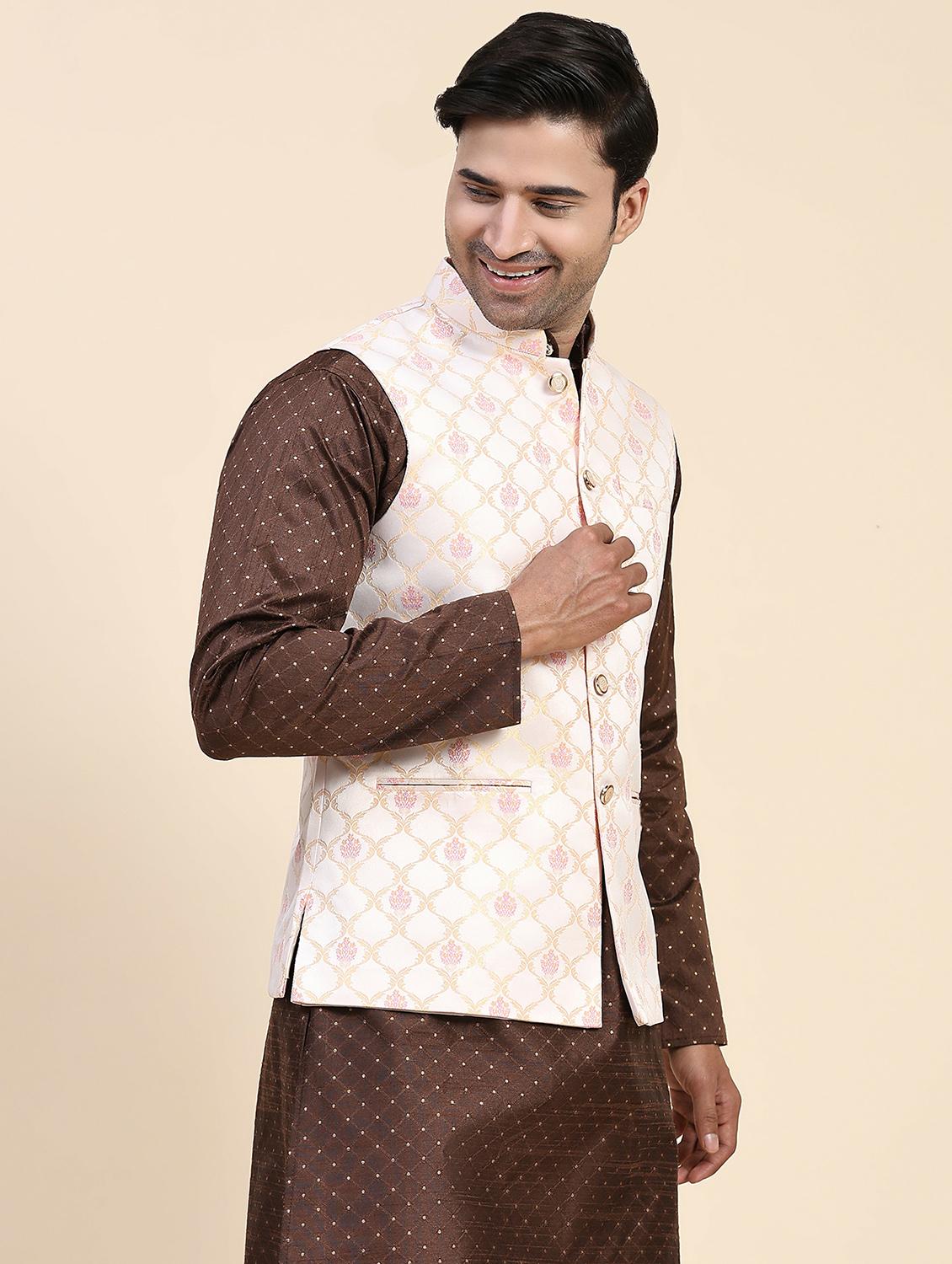 mandarin neck self design nehru jacket - 20018355 - Standard Image - 1