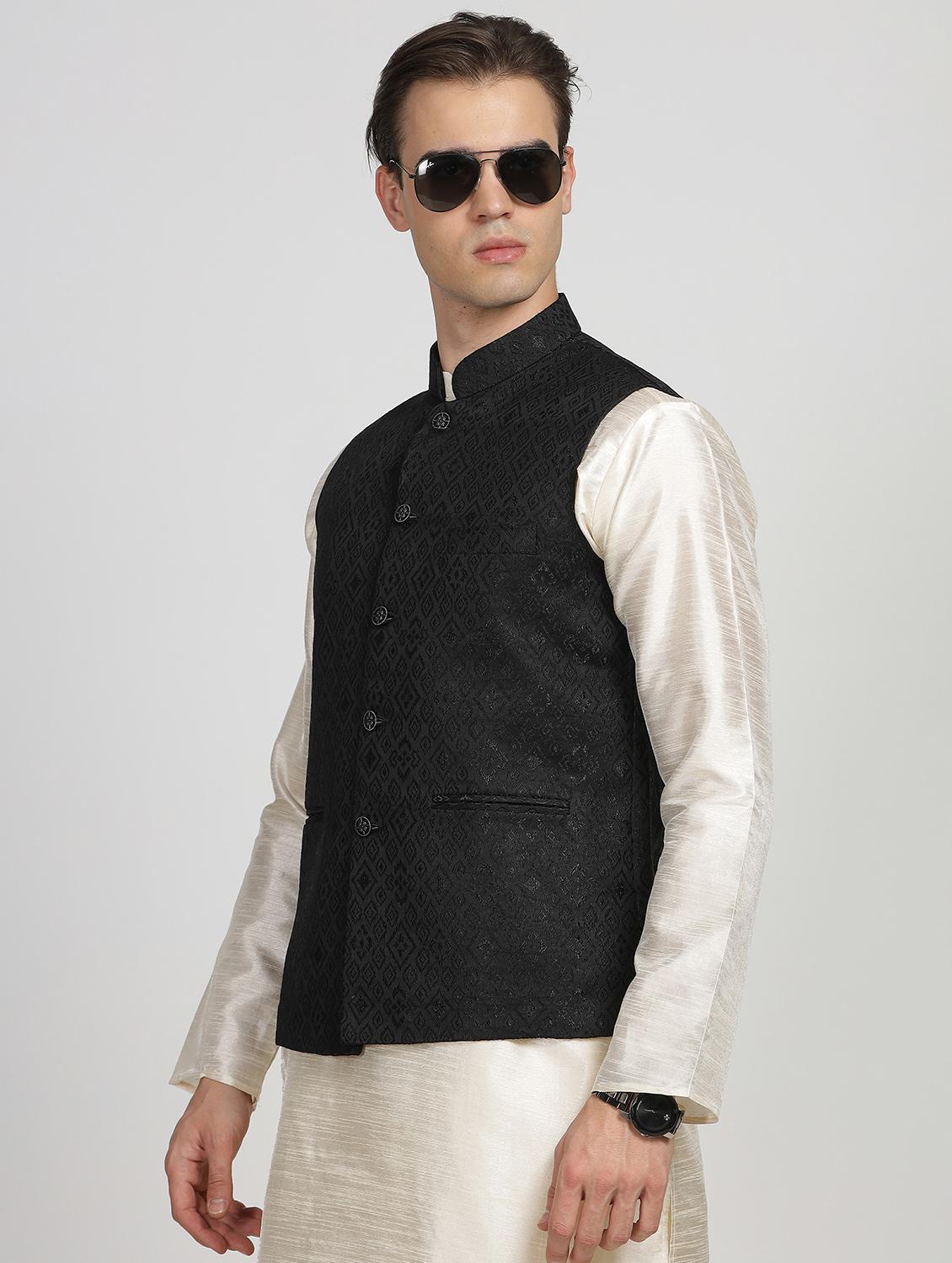 mandarin neck self design nehru jacket - 20018360 - Standard Image - 1