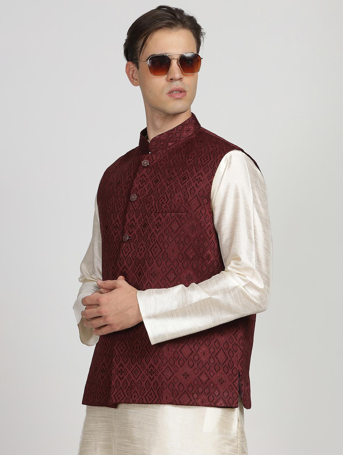 mandarin neck self design nehru jacket - 20018362 -  Standard Image - 1