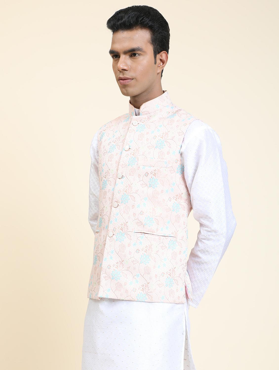 mandarin neck self design nehru jacket - 20018364 - Standard Image - 1
