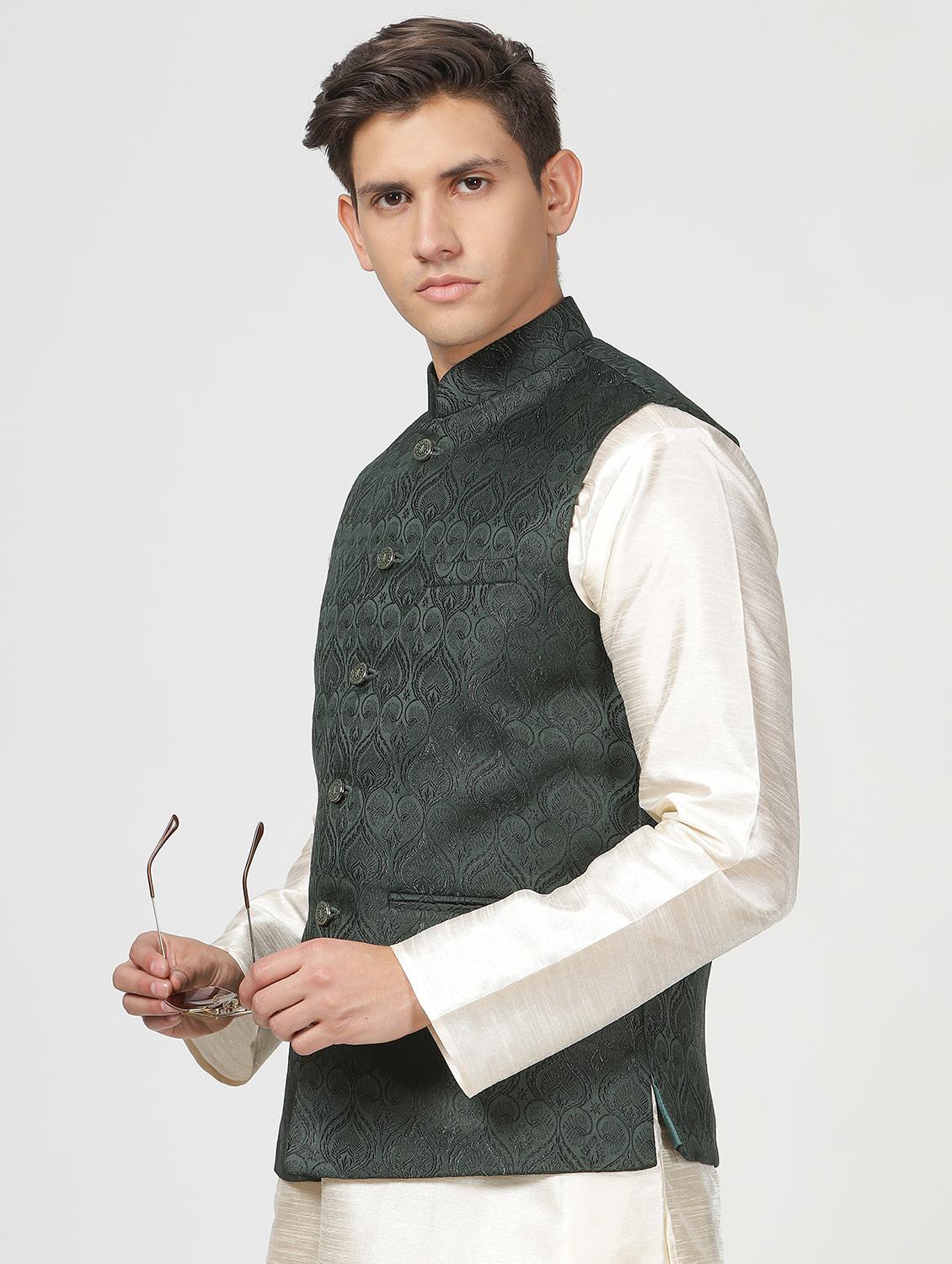 mandarin neck self design nehru jacket - 20018371 - Standard Image - 1