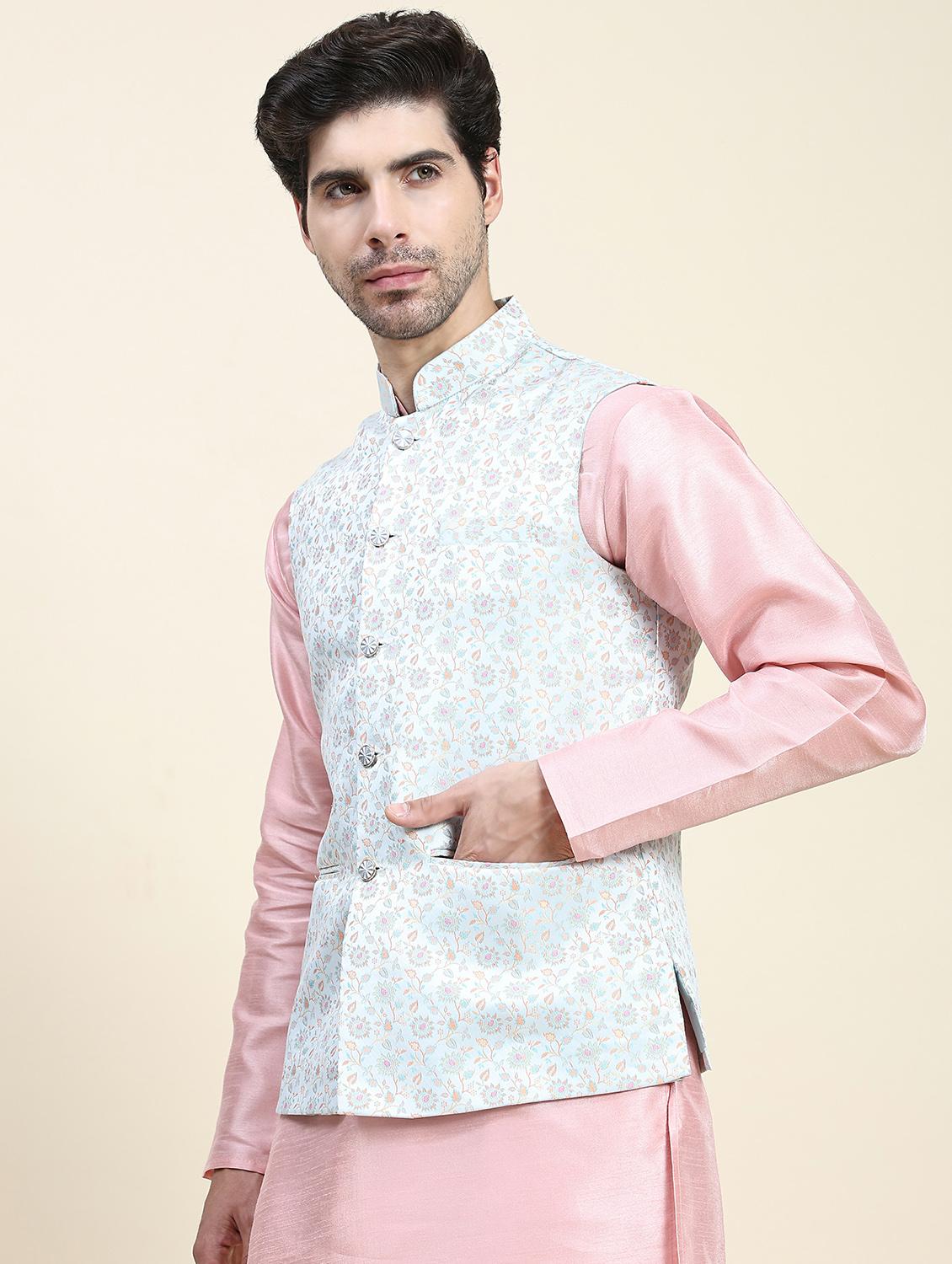 light blue polyester nehru jacket - 20018396 - Standard Image - 1