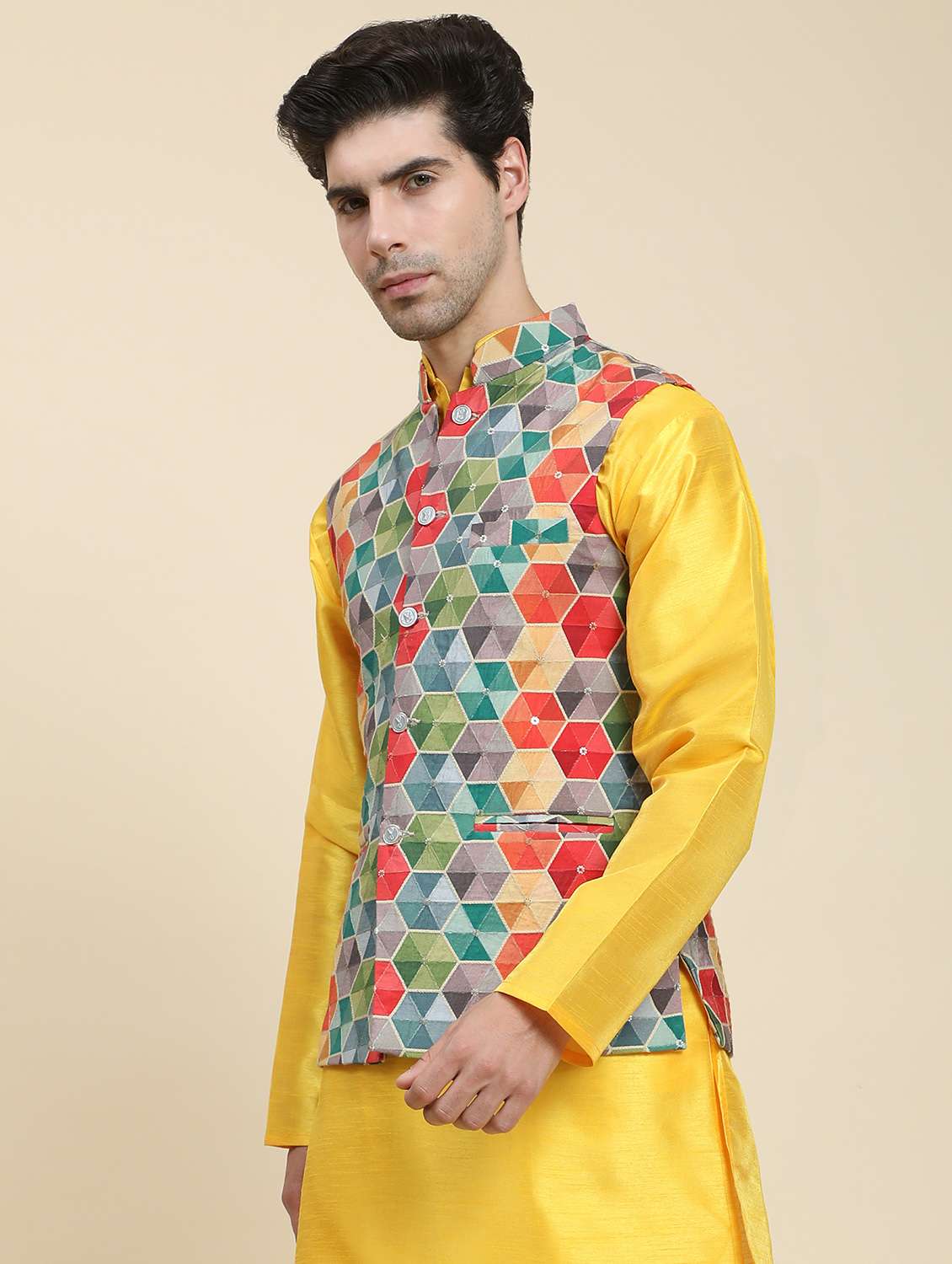 yellow polyester nehru jacket - 20018400 - Standard Image - 1
