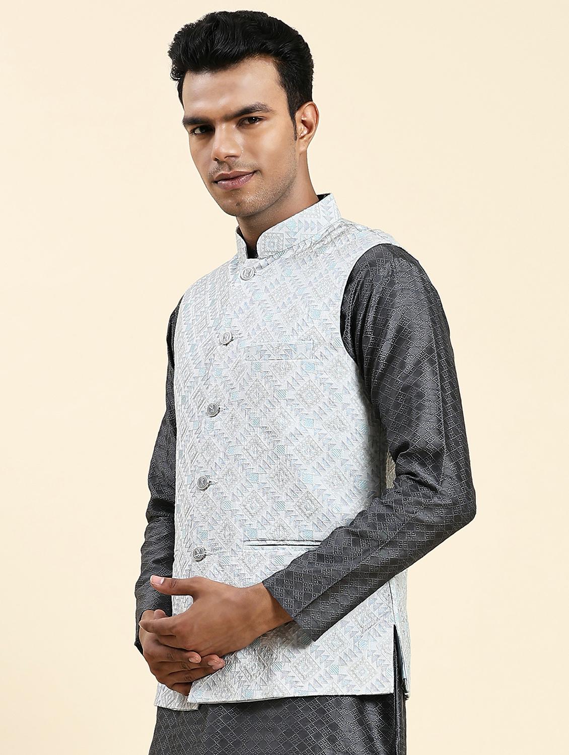 light blue polyester nehru jacket - 20018405 - Standard Image - 1