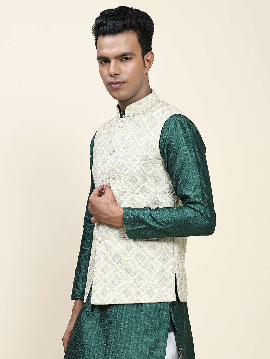 yellow polyester nehru jacket - 20018406 -  Standard Image - 1