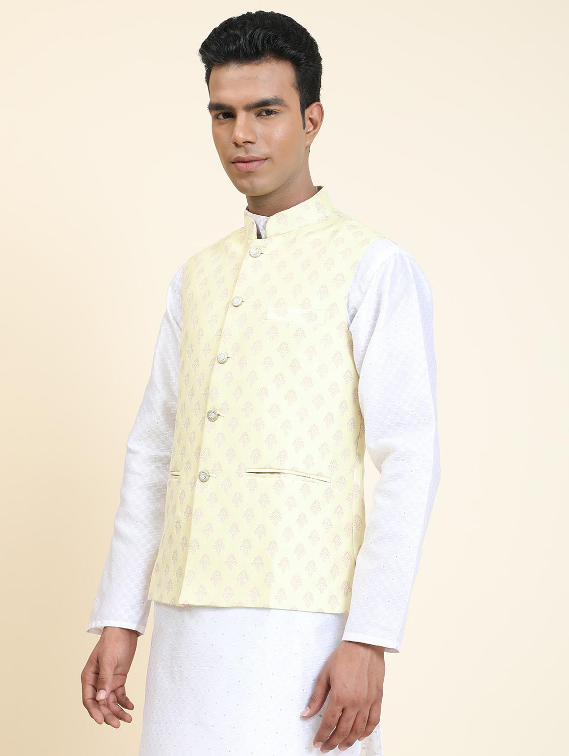 yellow polyester nehru jacket - 20018420 - Standard Image - 1